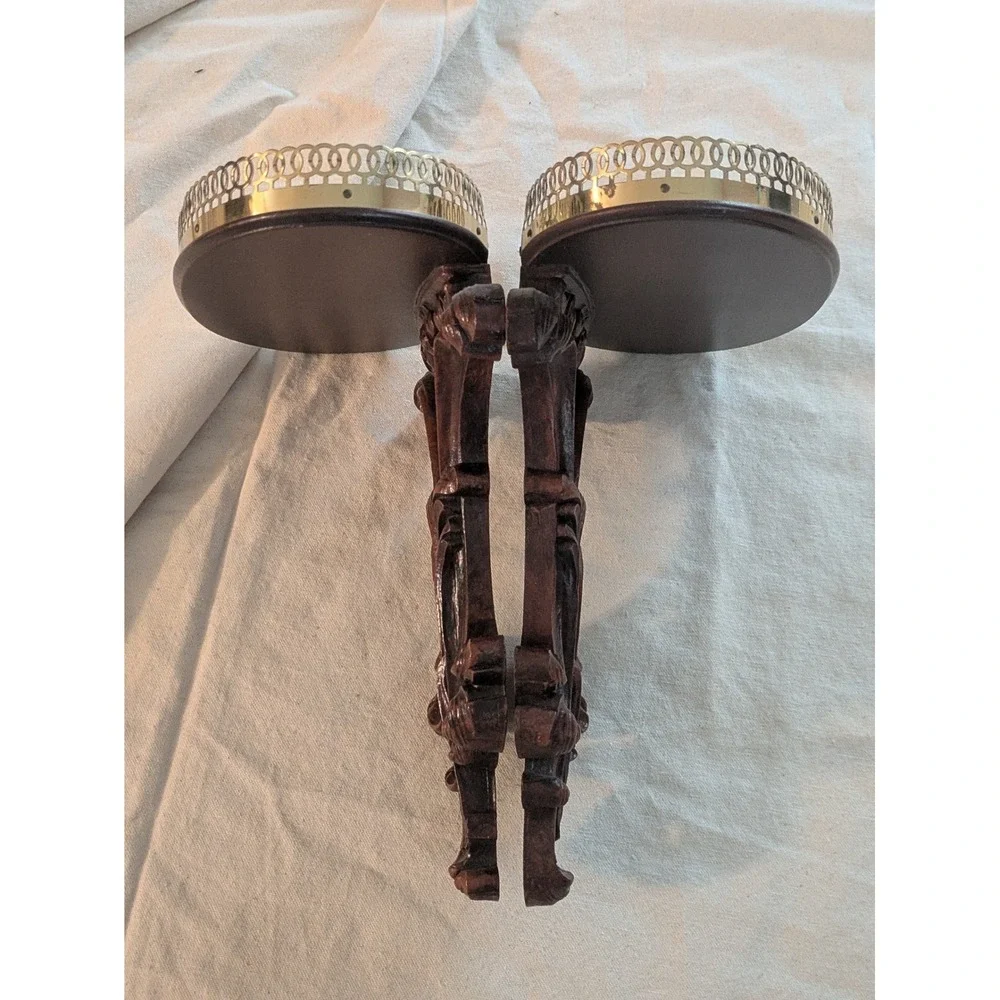 Lot of 2 Syroco Wood Wall Corbel Shelves Brass Gallery Rail MCM 11 In